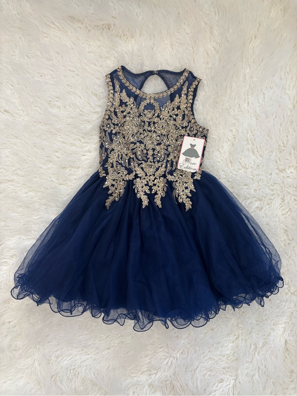 NWT Macy’s Rare Editions Elegant Navy Tulle Princess Dress Gold Embroidery 8